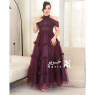 Evening Burgundy Tulle Gown with Embroidered Layered Design, Halter Neck, and Off-Shoulder Style