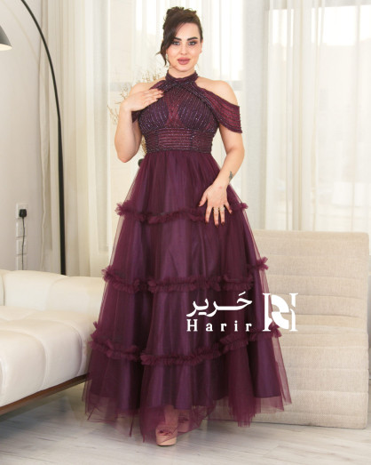Evening Burgundy Tulle Gown with Embroidered Layered Design, Halter Neck, and Off-Shoulder Style - Evening Burgundy Tulle Gown with Embroidered Layered Design, Halter Neck, and Off-Shoulder Style -
