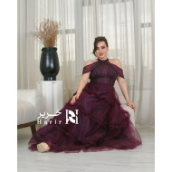 Evening Burgundy Tulle Gown with Embroidered Layered Design, Halter Neck, and Off-Shoulder Style