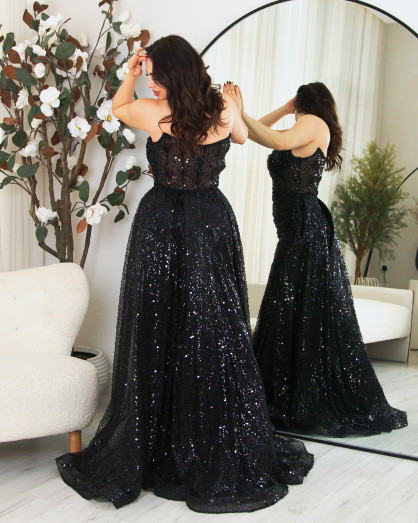 Black Evening Gown with Sparkling Sequins, Open Neckline, and Side Slit - Black Evening Gown with Sparkling Sequins, Open Neckline, and Side Slit -