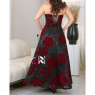 Black Evening Gown with Red Floral Accents and a Royal Corset Design
