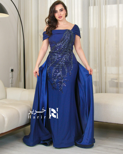 Royal Blue Off-Shoulder Gown with Luxurious Design and Flowing
