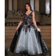Grey and Black Evening Gown with Sparkling Leaf Design