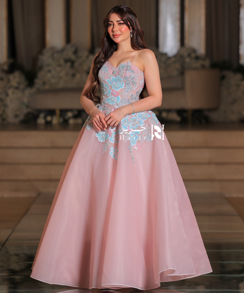 Pink Evening Gown with Blue Floral Embroidery and Sparkling Accents