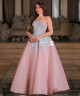 Pink Evening Gown with Blue Floral Embroidery and Sparkling Accents