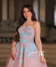 Pink Evening Gown with Blue Floral Embroidery and Sparkling Accents