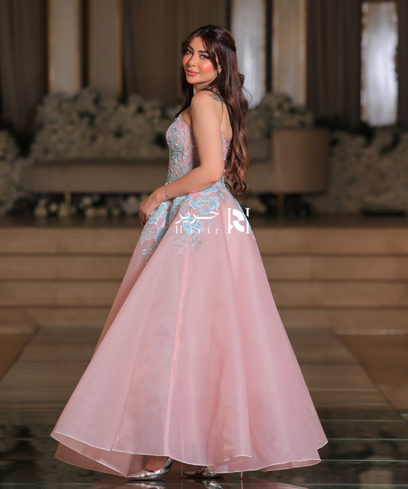 Pink Evening Gown with Blue Floral Embroidery and Sparkling Accents