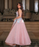 Pink Evening Gown with Blue Floral Embroidery and Sparkling Accents