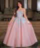Pink Evening Gown with Blue Floral Embroidery and Sparkling Accents