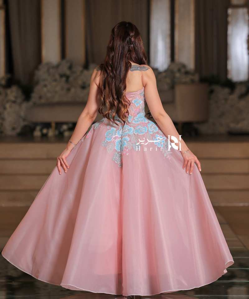 Pink Evening Gown with Blue Floral Embroidery and Sparkling Accents