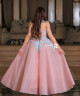 Pink Evening Gown with Blue Floral Embroidery and Sparkling Accents