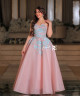 Pink Evening Gown with Blue Floral Embroidery and Sparkling Accents
