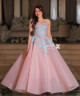 Pink Evening Gown with Blue Floral Embroidery and Sparkling Accents