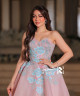 Pink Evening Gown with Blue Floral Embroidery and Sparkling Accents