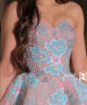 Pink Evening Gown with Blue Floral Embroidery and Sparkling Accents