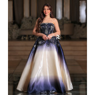 Luxury Evening Dress in Hand-Embroidered Taffeta Fabric - Navy and Ivory Gradient Design