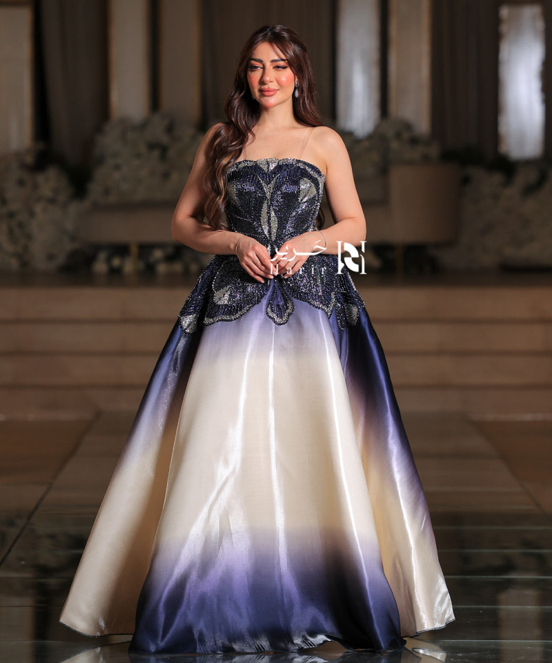 Luxury Evening Dress in Hand-Embroidered Taffeta Fabric - Navy and Ivory Gradient Design