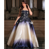 Luxury Evening Dress in Hand-Embroidered Taffeta Fabric - Navy and Ivory Gradient Design