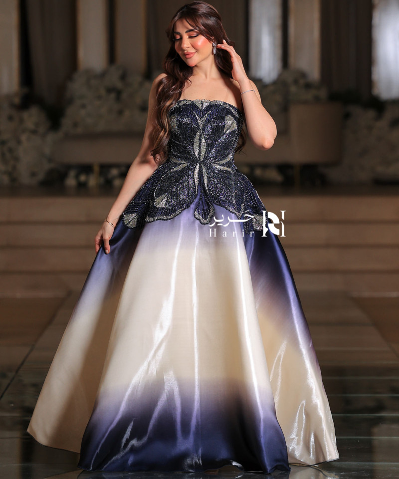 Luxury Evening Dress in Hand-Embroidered Taffeta Fabric - Navy and Ivory Gradient Design