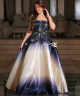 Luxury Evening Dress in Hand-Embroidered Taffeta Fabric - Navy and Ivory Gradient Design