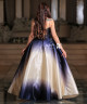 Luxury Evening Dress in Hand-Embroidered Taffeta Fabric - Navy and Ivory Gradient Design