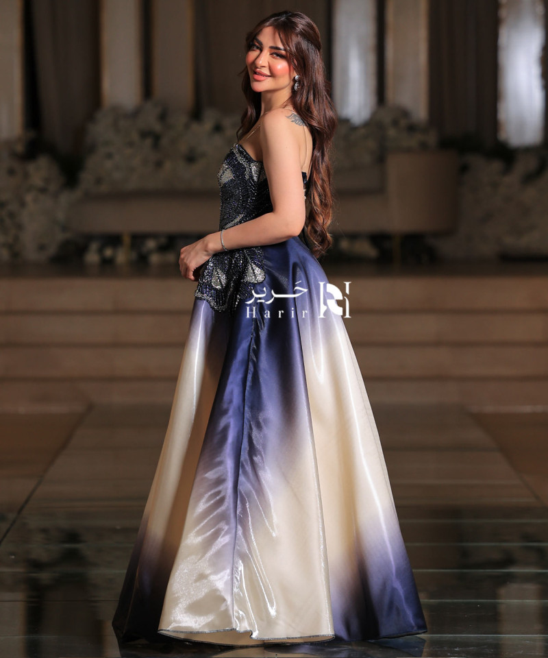 Luxury Evening Dress in Hand-Embroidered Taffeta Fabric - Navy and Ivory Gradient Design