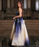 Luxury Evening Dress in Hand-Embroidered Taffeta Fabric - Navy and Ivory Gradient Design
