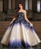 Luxury Evening Dress in Hand-Embroidered Taffeta Fabric - Navy and Ivory Gradient Design