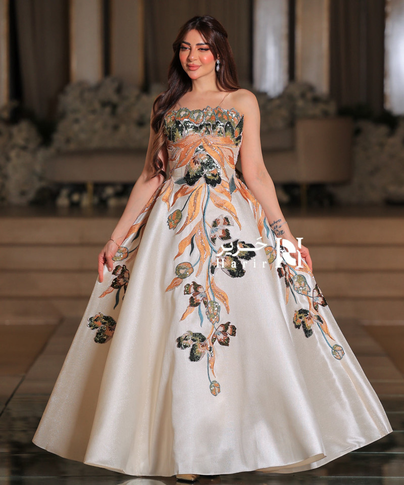 White Evening Dress with Shimmering Botanical Embroidery