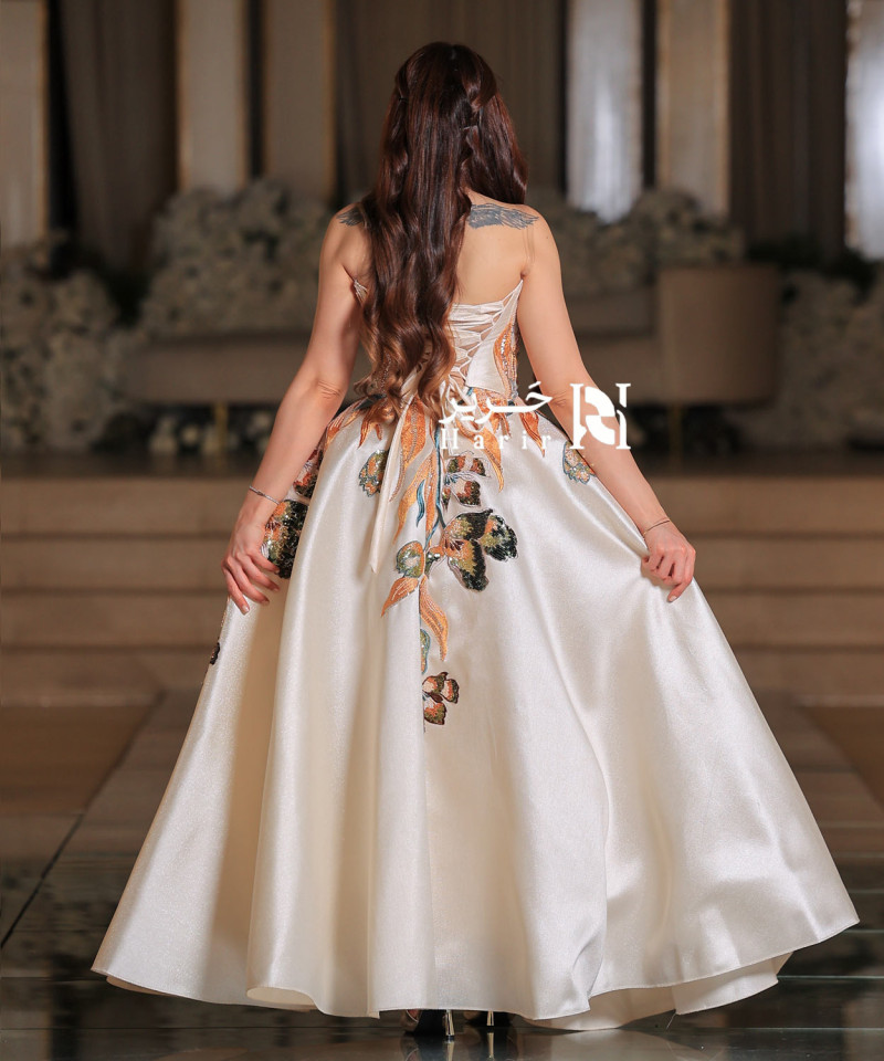 White Evening Dress with Shimmering Botanical Embroidery