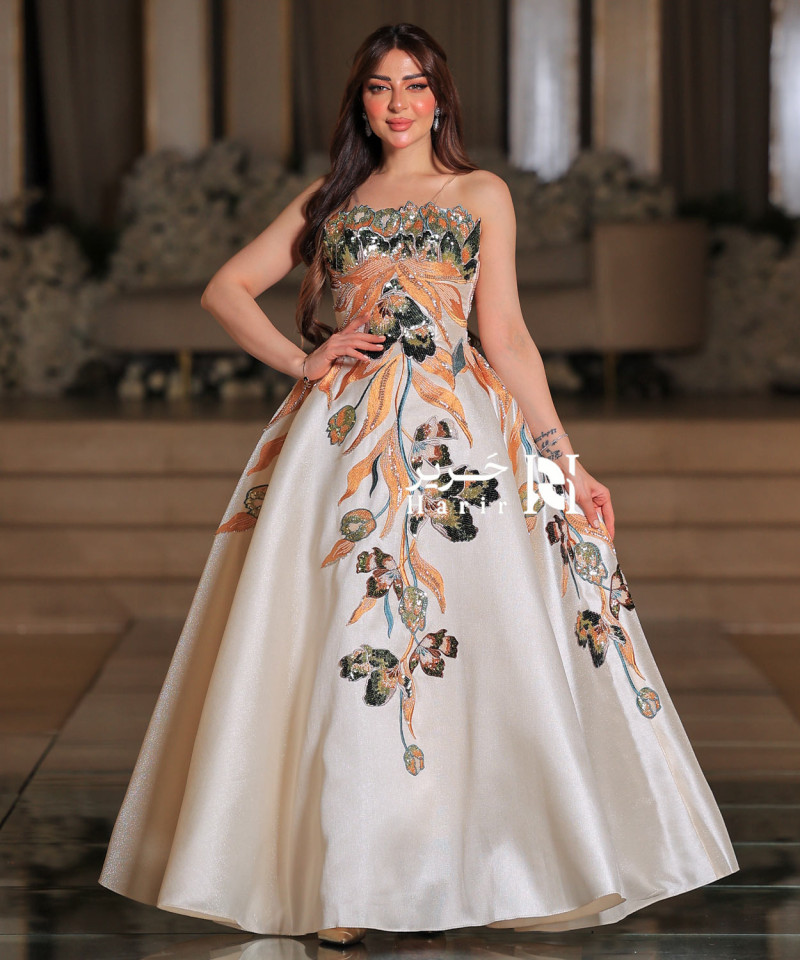 White Evening Dress with Shimmering Botanical Embroidery