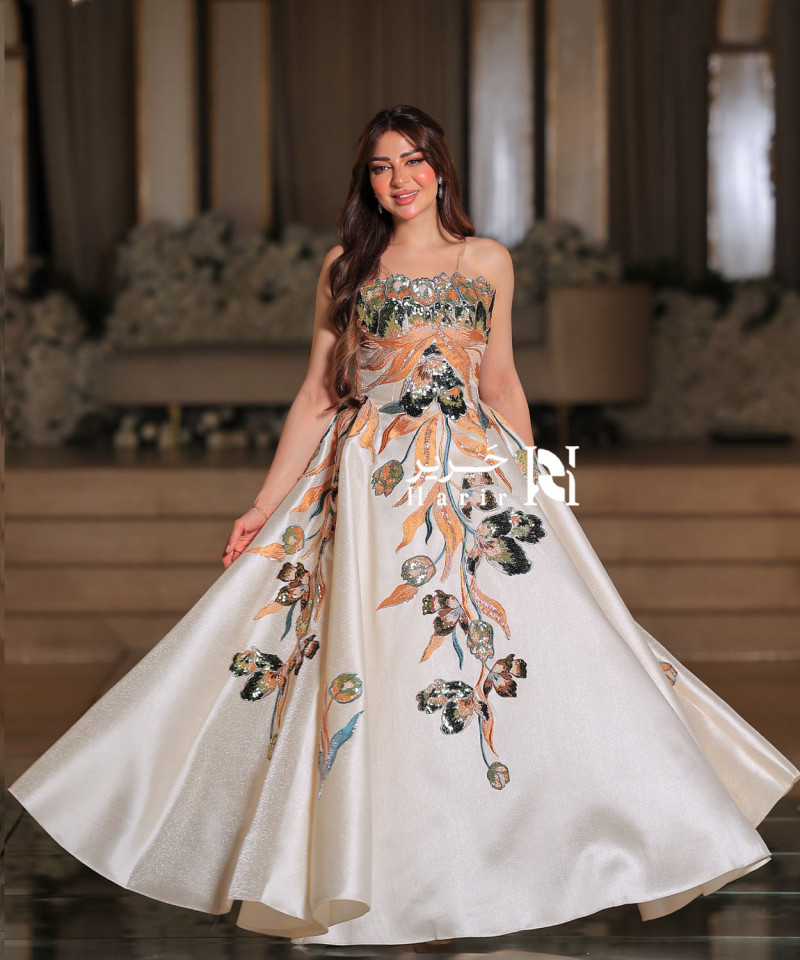 White Evening Dress with Shimmering Botanical Embroidery