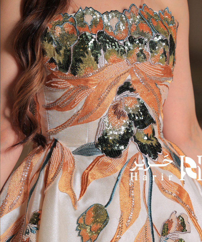 White Evening Dress with Shimmering Botanical Embroidery