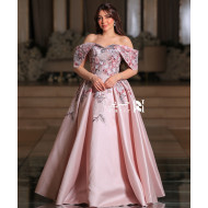 Blush Pink Off-Shoulder Gown with 3D Floral Embroidery