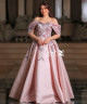 Blush Pink Off-Shoulder Gown with 3D Floral Embroidery