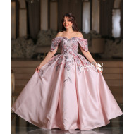Blush Pink Off-Shoulder Gown with 3D Floral Embroidery