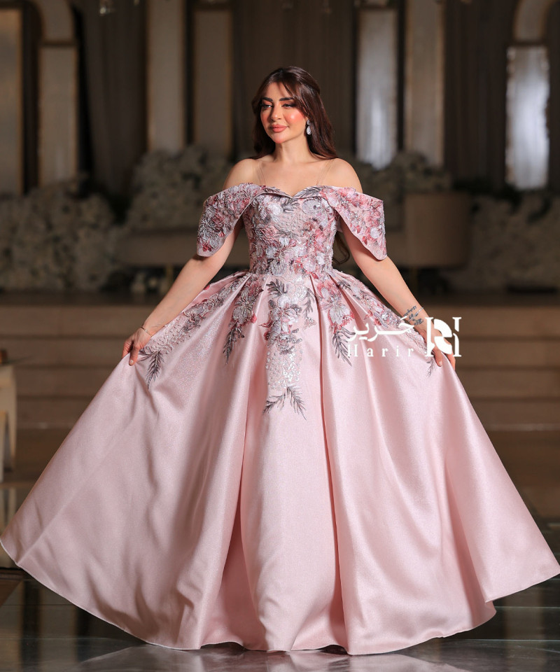 Blush Pink Off-Shoulder Gown with 3D Floral Embroidery