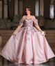 Blush Pink Off-Shoulder Gown with 3D Floral Embroidery