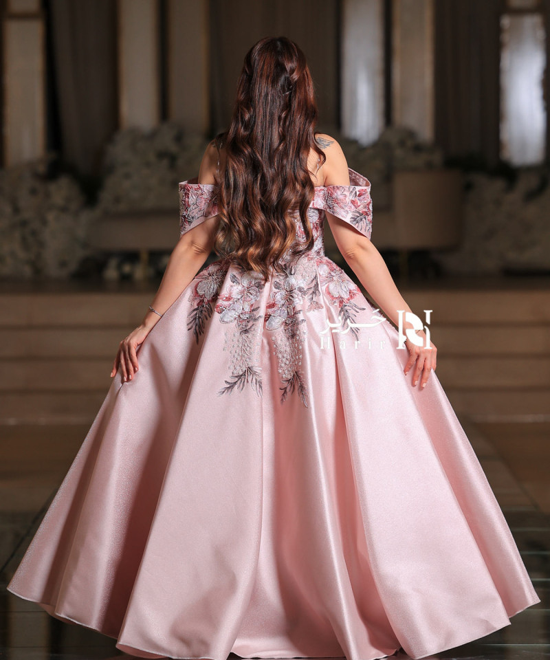 Blush Pink Off-Shoulder Gown with 3D Floral Embroidery