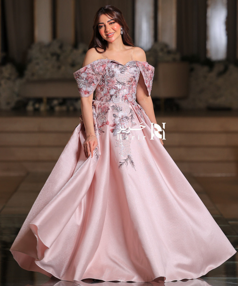 Blush Pink Off-Shoulder Gown with 3D Floral Embroidery