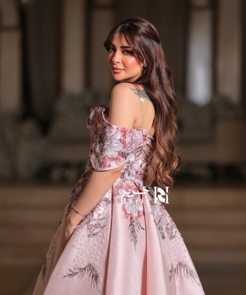 Blush Pink Off-Shoulder Gown with 3D Floral Embroidery