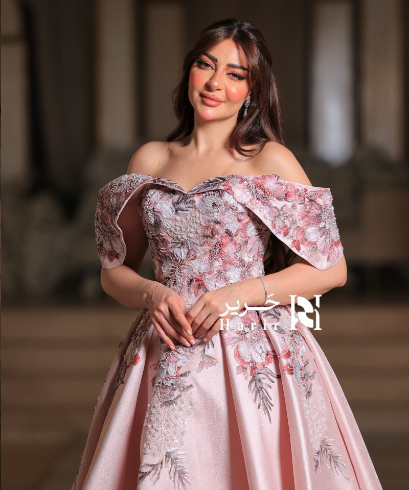 Blush Pink Off-Shoulder Gown with 3D Floral Embroidery