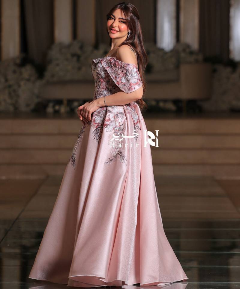 Blush Pink Off-Shoulder Gown with 3D Floral Embroidery