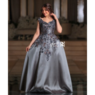Charcoal Grey Evening Dress with Shimmering Floral Embroidery