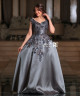 Charcoal Grey Evening Dress with Shimmering Floral Embroidery