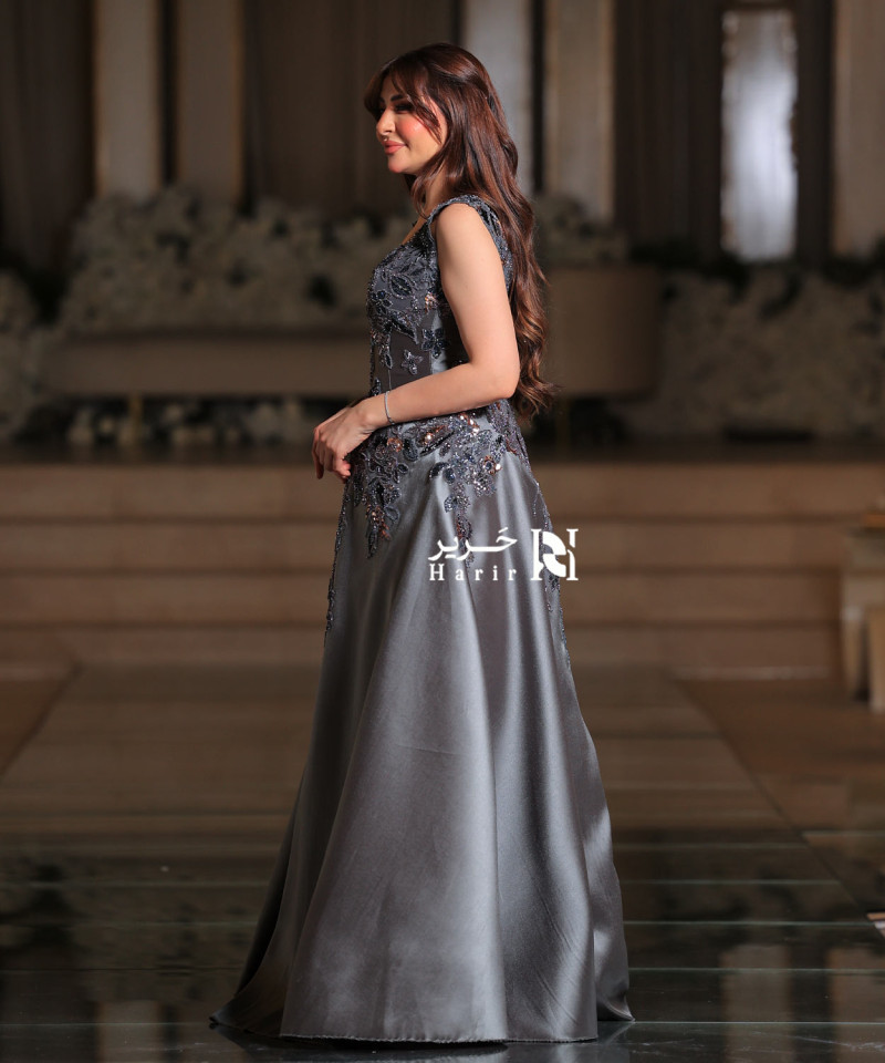 Charcoal Grey Evening Dress with Shimmering Floral Embroidery