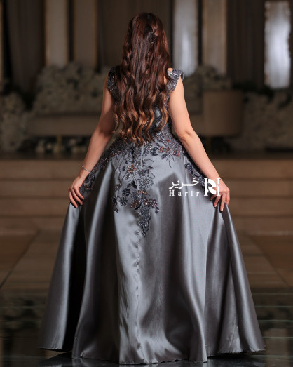 Charcoal Grey Evening Dress with Shimmering Floral Embroidery