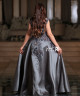 Charcoal Grey Evening Dress with Shimmering Floral Embroidery