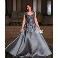 Charcoal Grey Evening Dress with Shimmering Floral Embroidery