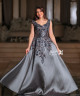 Charcoal Grey Evening Dress with Shimmering Floral Embroidery